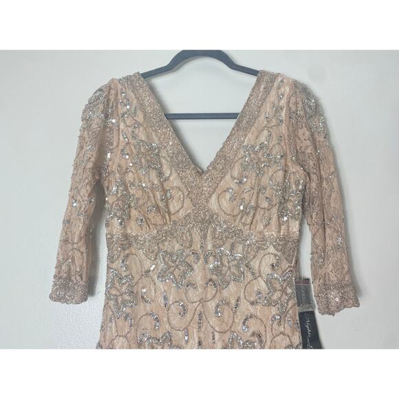 PISARRO NIGHTS DRESS 2 TAN BEIGE GOWN MOB FALL EVENING LONG FORMAL SEQUIN BEADED - Picture 8 of 16